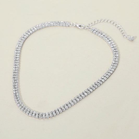 Silver Dipped Double Row Rhinestone Necklace
