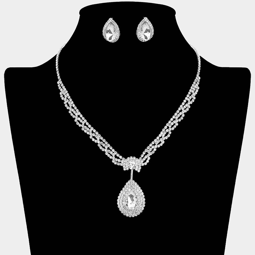 Teardrop Stone Pendant Accented Rhinestone Pave Necklace Clip on Earring Set