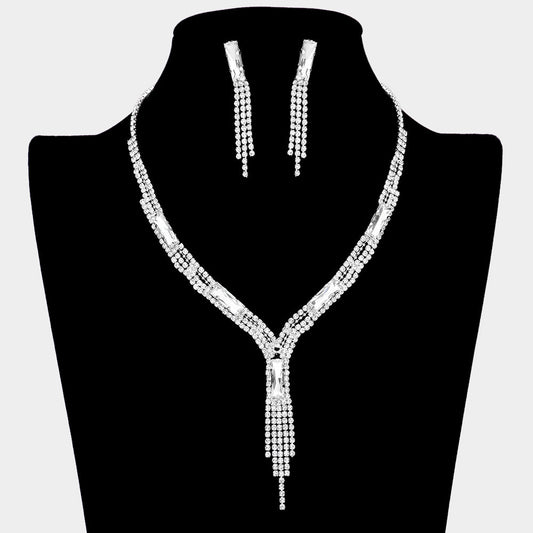 Rectangle Stone Accented Rhinestone Fringe Tip Necklaces