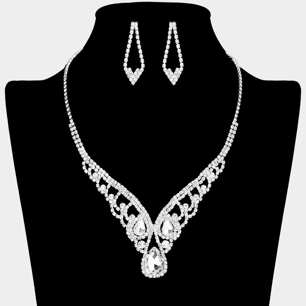 Teardrop Stone Accented Rhinestone Paved V Shape Necklace
