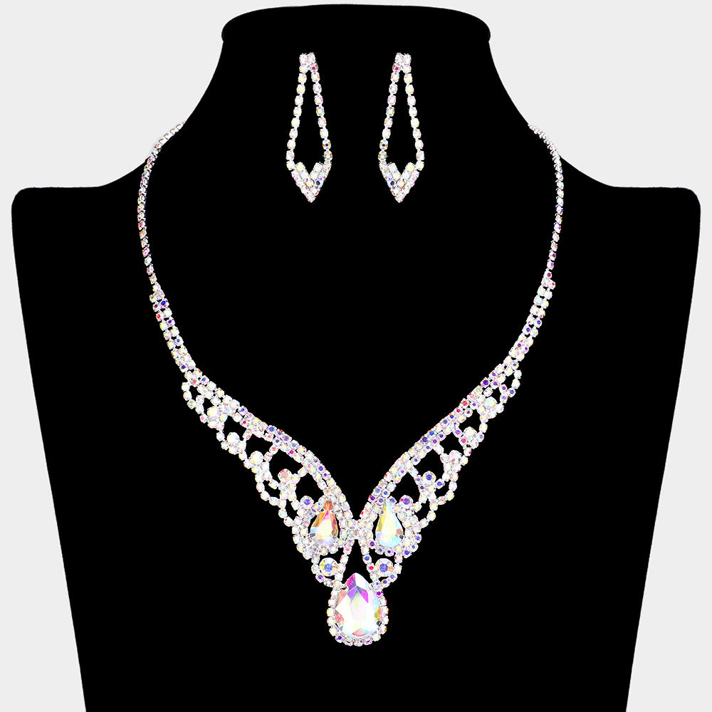 Teardrop Stone Accented Rhinestone Paved V Shape Necklace