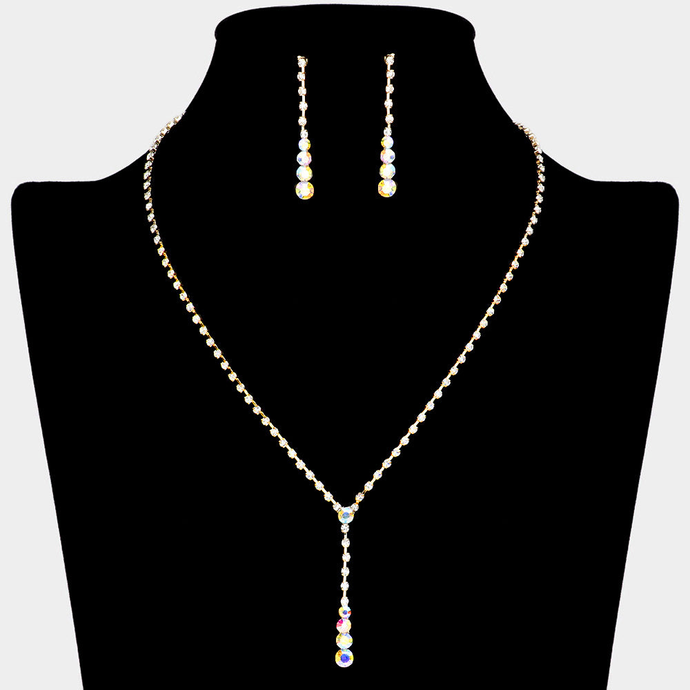 Round Stone Accented Rhinestone Paved Y Necklace