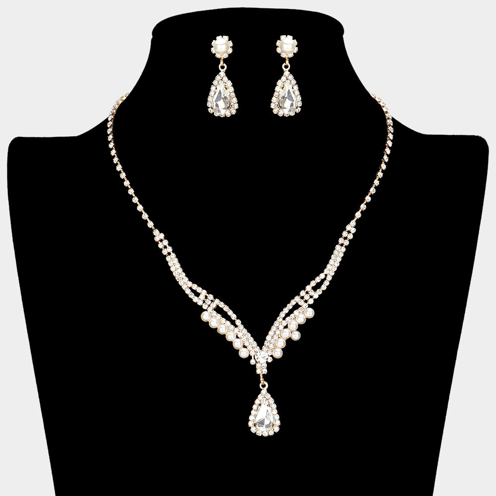 Teardrop Stone Pointed Pearl Rhinestone Paved Necklace