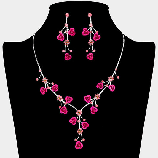 Rhinestone Embellished Rose Flower Cluster Vine Necklace