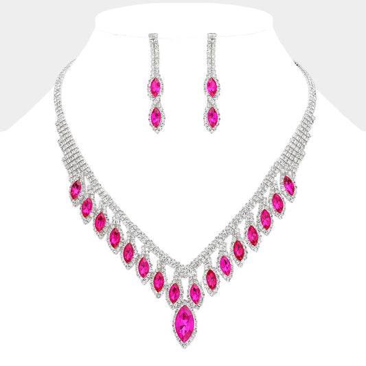 Marquise Stone Fringe Rhinestone Paved Necklace