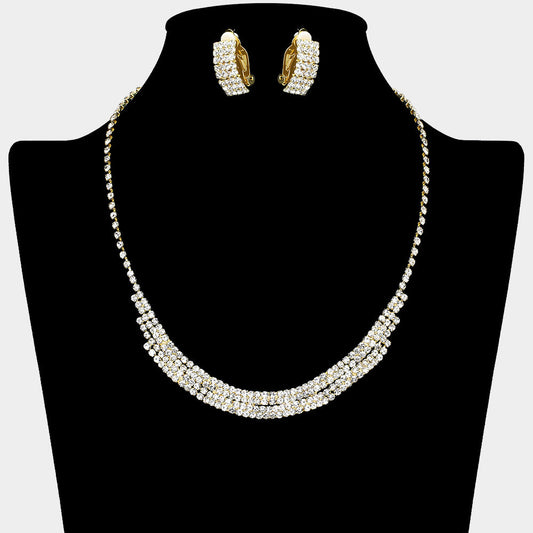Rhinestone Paved Collar Necklace Clip on Earring Set