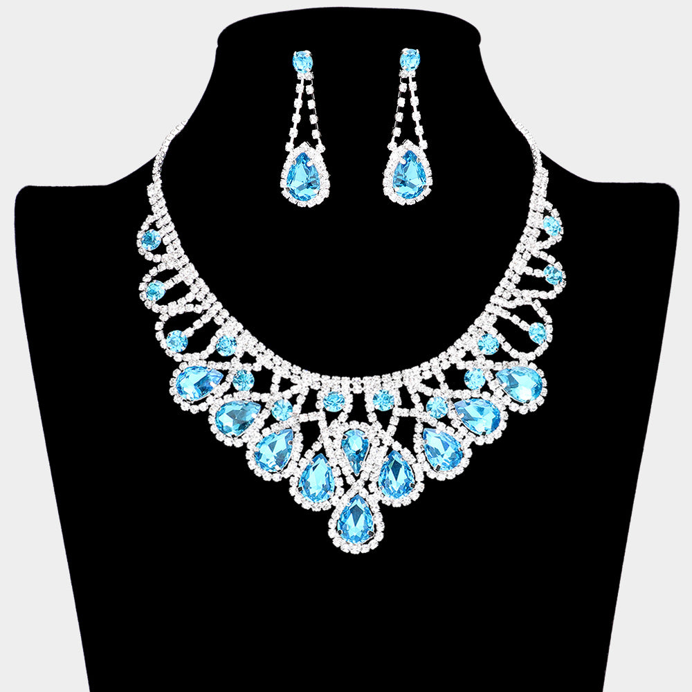 Crystal Teardrop Rhinestone Pave Evening Necklace