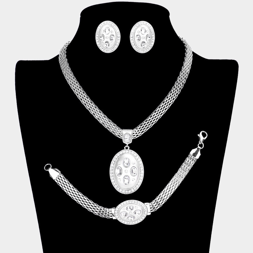 Marquise Rhinestone Trim Oval Dangle Necklace Jewelry Set