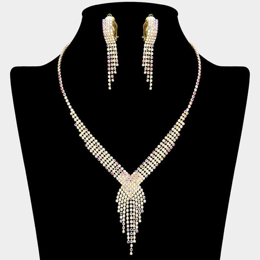 Rhinestone Pave Fringe Necklace & Clip Earring Set