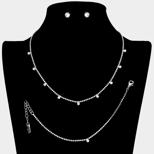 Round CZ Stone Station Rhinestone Paved Necklace Jewelry Set