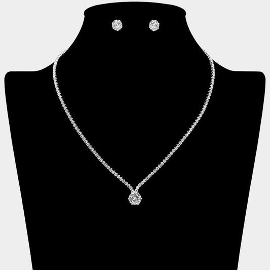 CZ Round Stone Cluster Point Rhinestone Paved Necklace