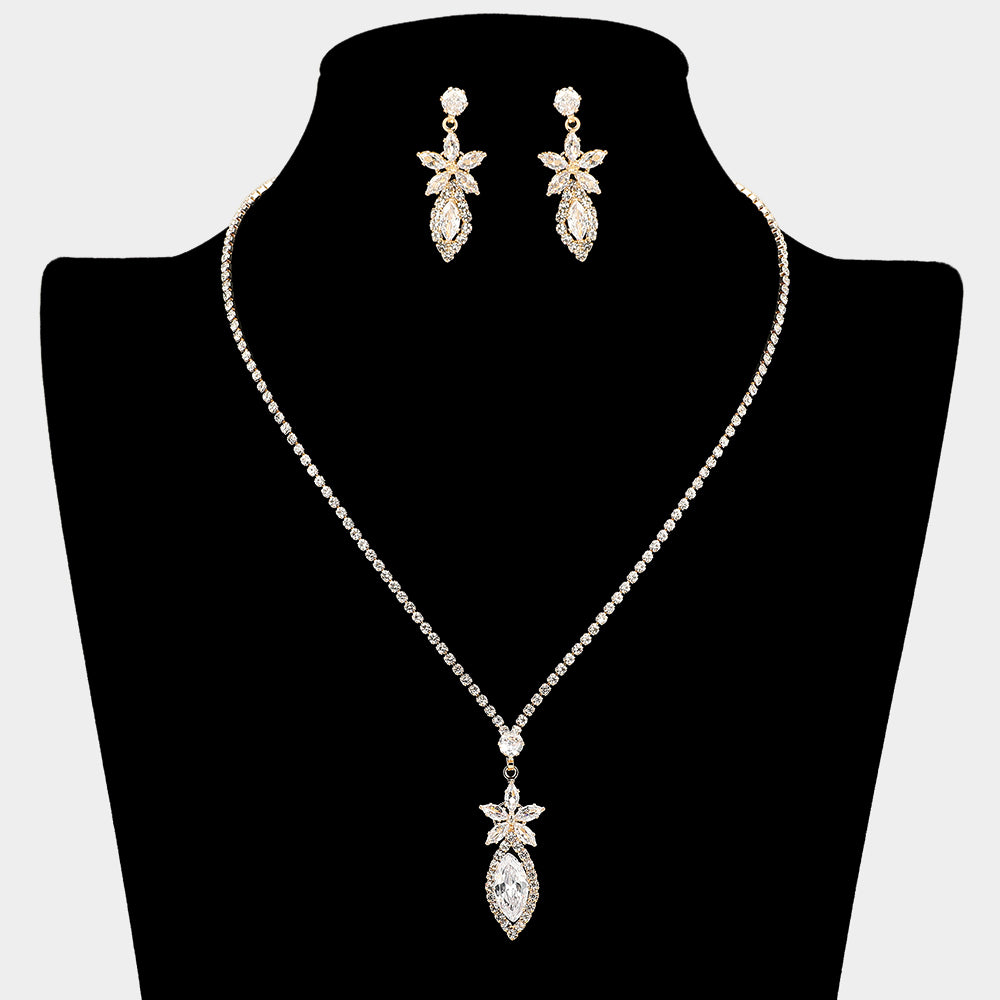 Floral Marquise CZ Stone Cluster Pendant Rhinestone Paved Necklace