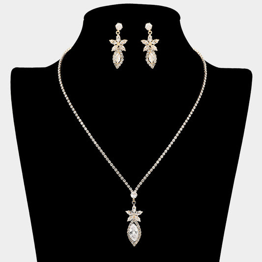 Floral Marquise CZ Stone Cluster Pendant Rhinestone Paved Necklace