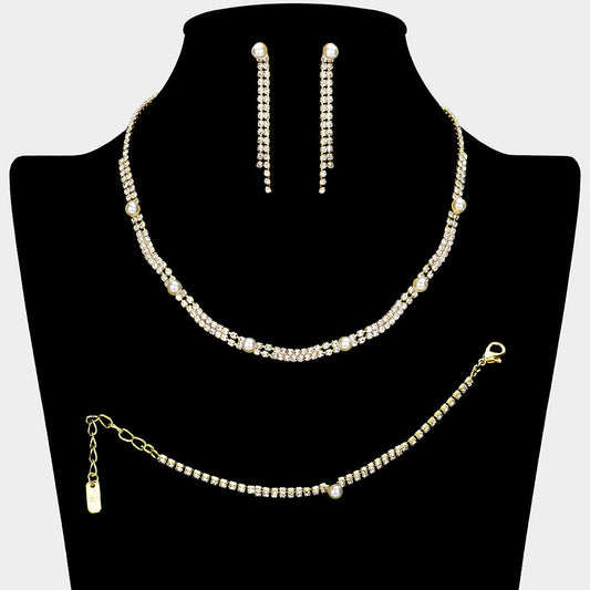 Pearl Cluster Pointed Rhinestone Paved Necklace Jewelry Set