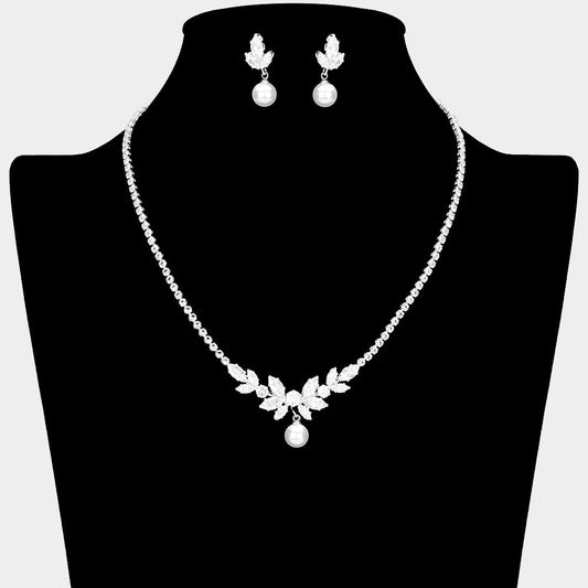 Pearl Pointed Marquise CZ Stone Cluster Embellished Rhinestone Paved Necklace