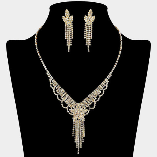 Flower Fringe Accent Rhinestone Paved Necklace