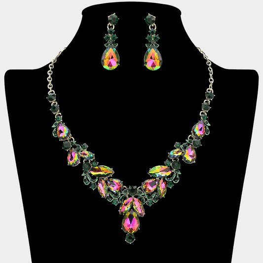 Teardrop Accent Ornate Marquise Stone Cluster Embellished Rhinestone Necklace