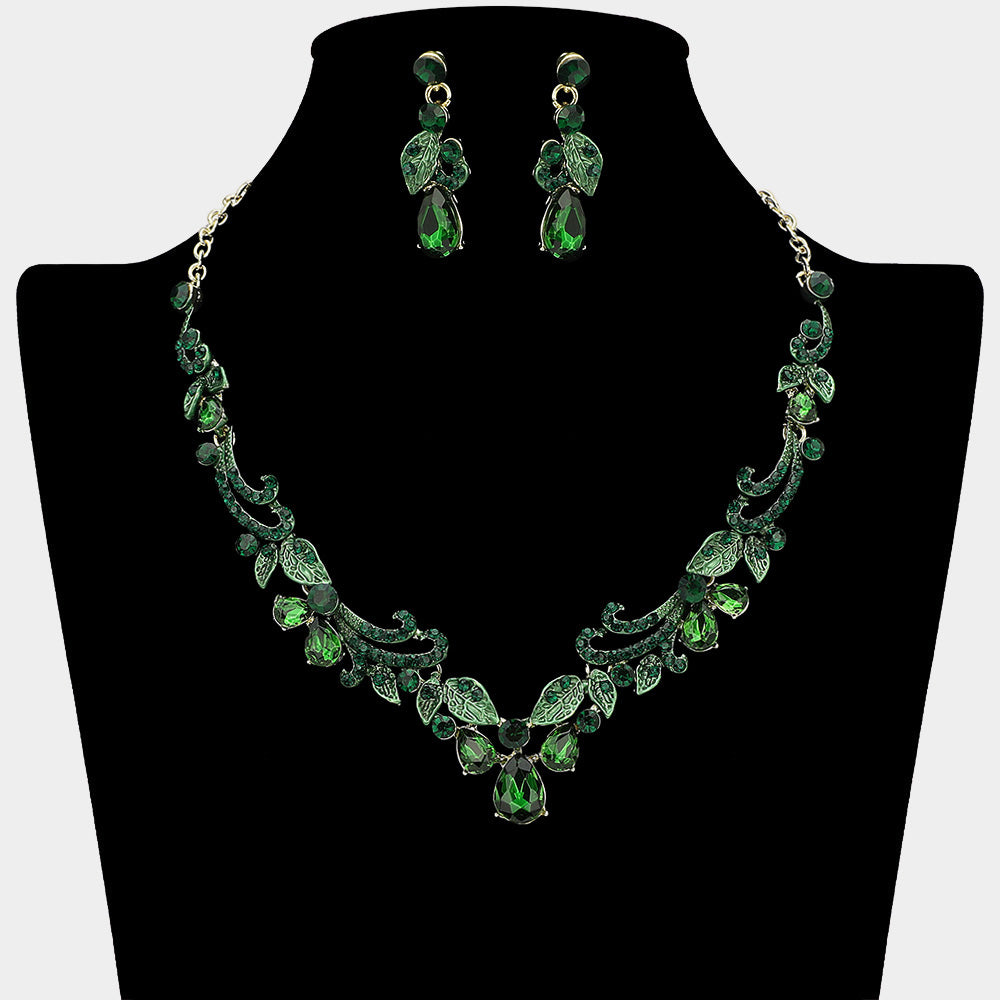 Teardrop Stone Cluster Embellished Rhinestone Paved Leaf Vine Necklace