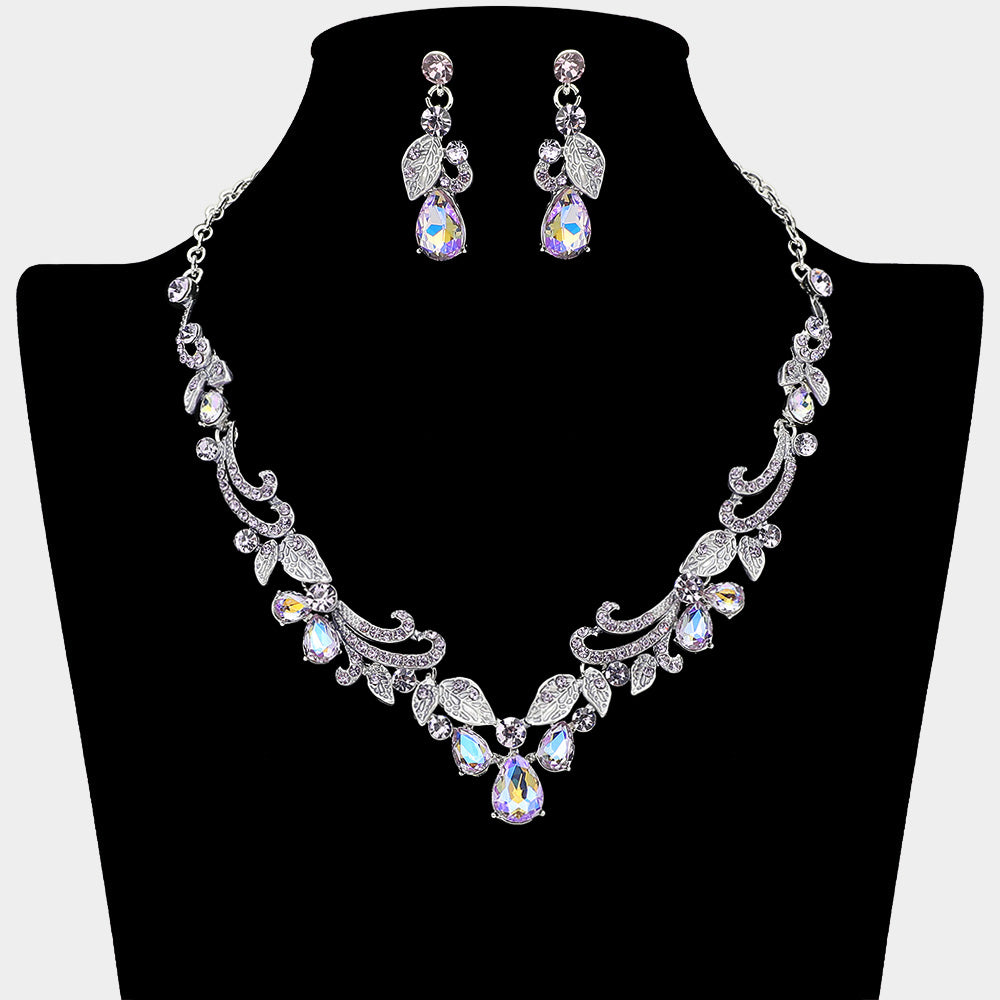Teardrop Stone Cluster Embellished Rhinestone Paved Leaf Vine Necklace