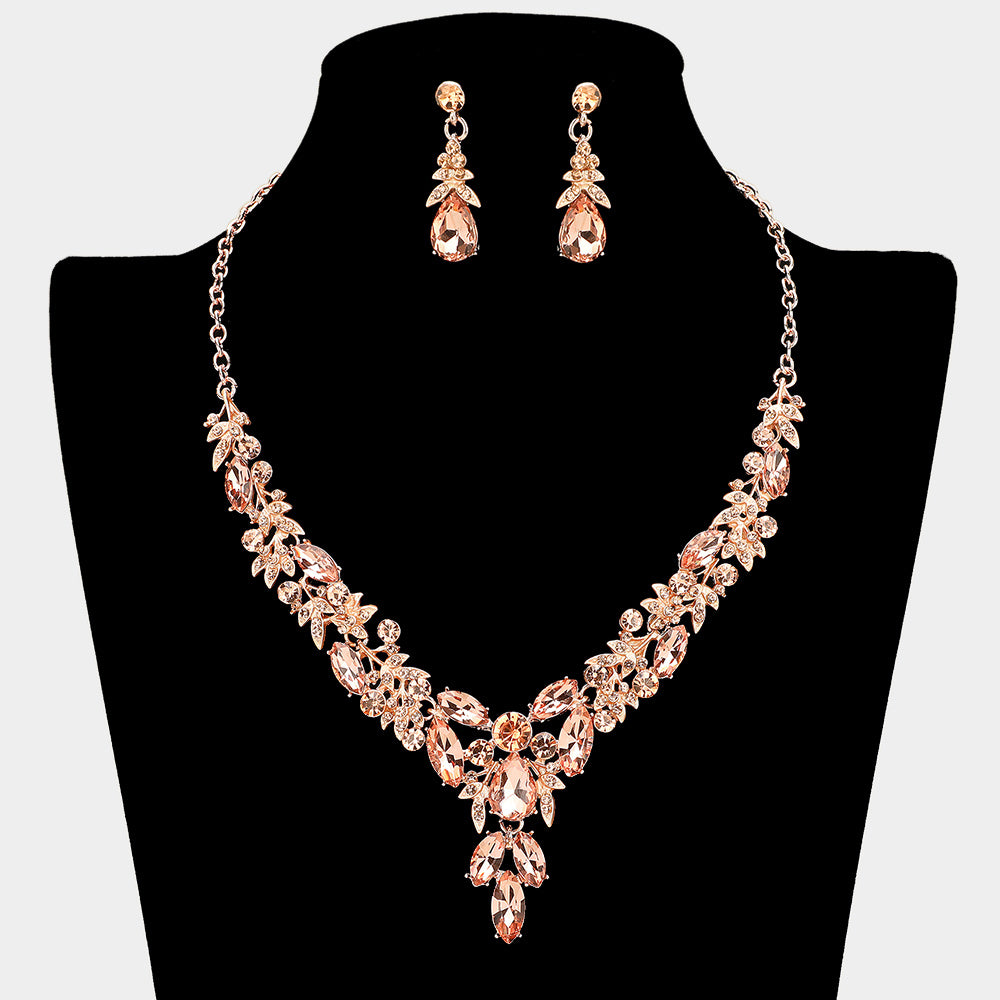 Teardrop Marquise Rhinestone Cluster Embellished Cascading Necklace