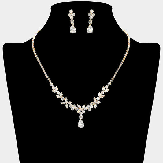 Teardrop Marquise Floral CZ Stone Link Rhinestone Paved Necklace