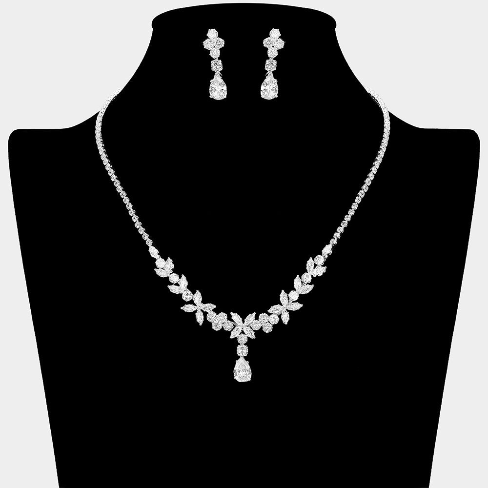 Teardrop Marquise Floral CZ Stone Link Rhinestone Paved Necklace