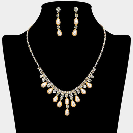 Teardrop Pearl Embellished Square Rhinestone Paved Necklace