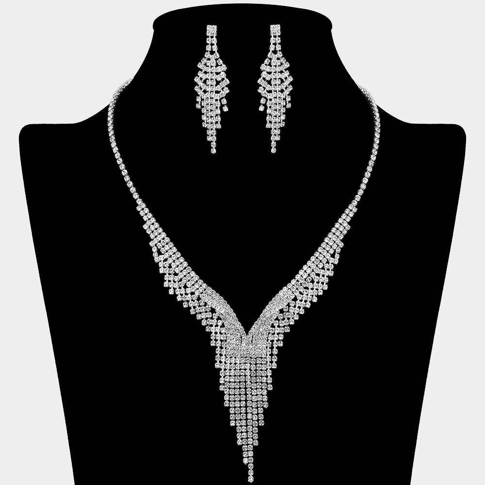 Rhinestone Paved Waterfall Fringe V Shaped Necklace