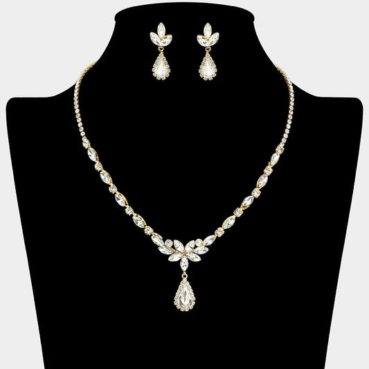 Teardrop Stone Cluster Pendant Accent Marquise Floral Rhinestone Paved Necklace