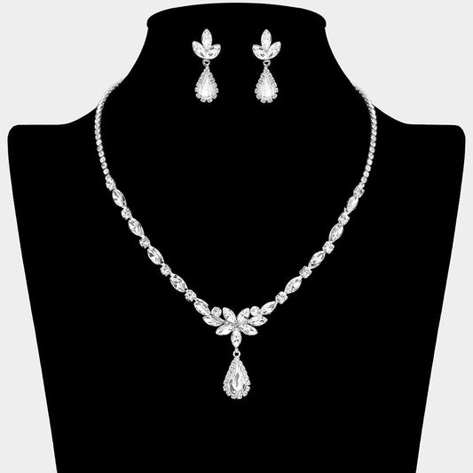 Teardrop Stone Cluster Pendant Accent Marquise Floral Rhinestone Paved Necklace