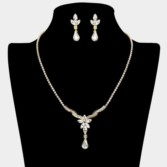 Floral Stone Cluster Accent Rhinestone Paved Necklace