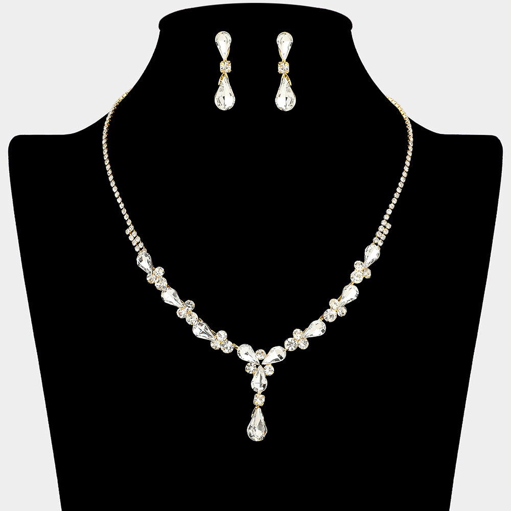 Teardrop Round Stone Cluster Embellished Rhinestone Paved Necklace