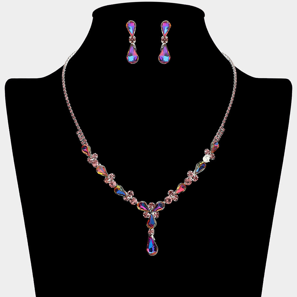 Teardrop Round Stone Cluster Embellished Rhinestone Paved Necklace
