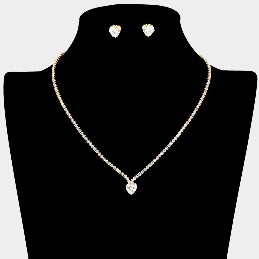 CZ Heart Stone Cluster Accent Rhinestone Paved Necklace