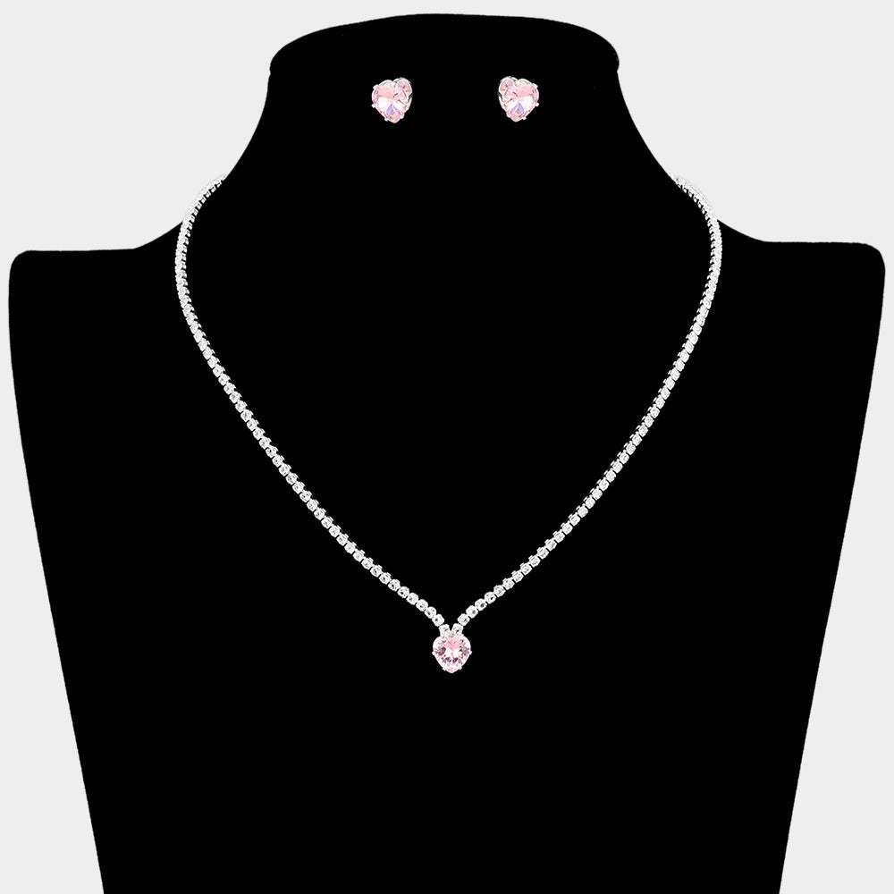 CZ Heart Stone Cluster Accent Rhinestone Paved Necklace