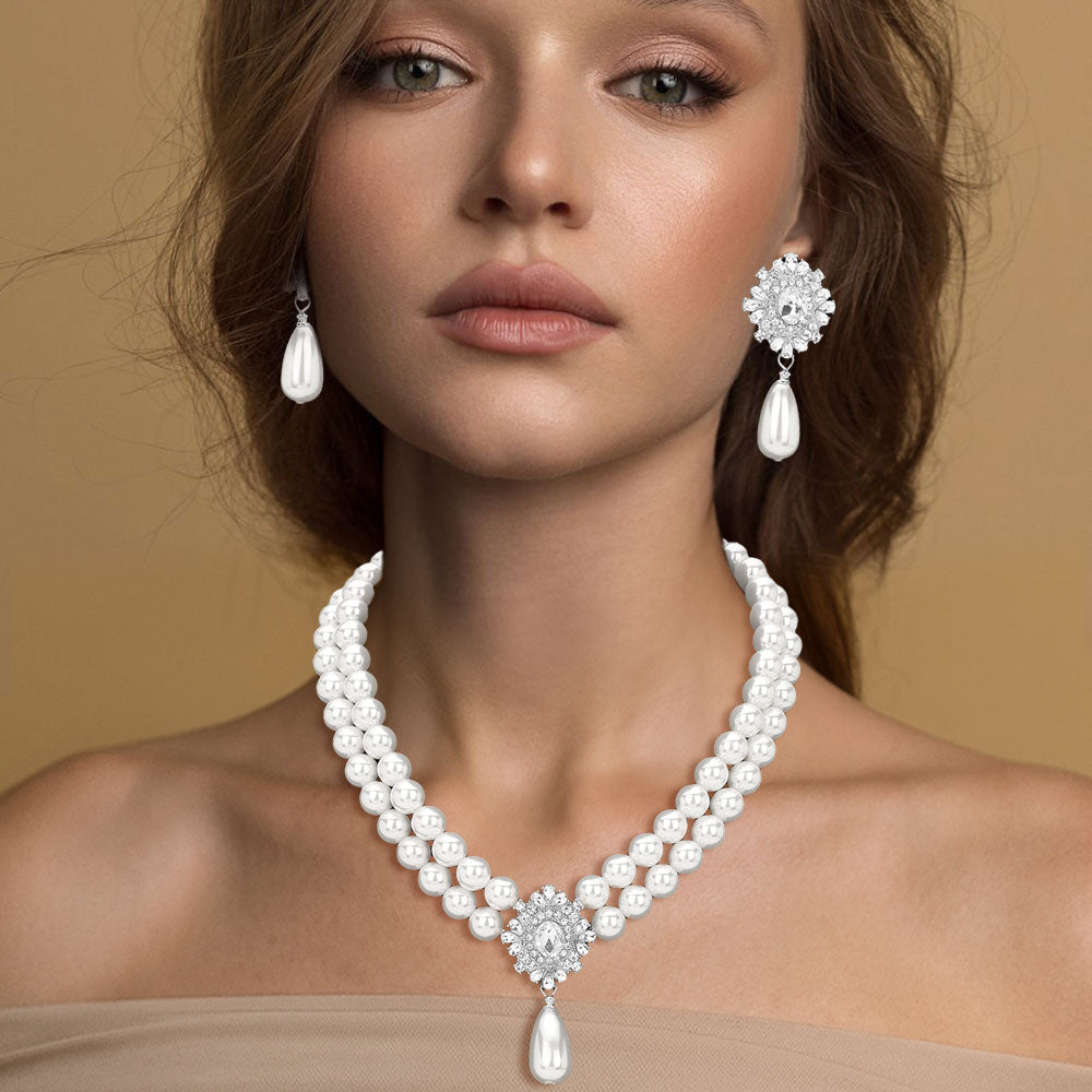 Glamours Oval Rhinestone Pendant Accent Double Strand Pearl Necklace