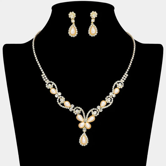 Teardrop Pearl Embellished Rhinestone Paved Necklace