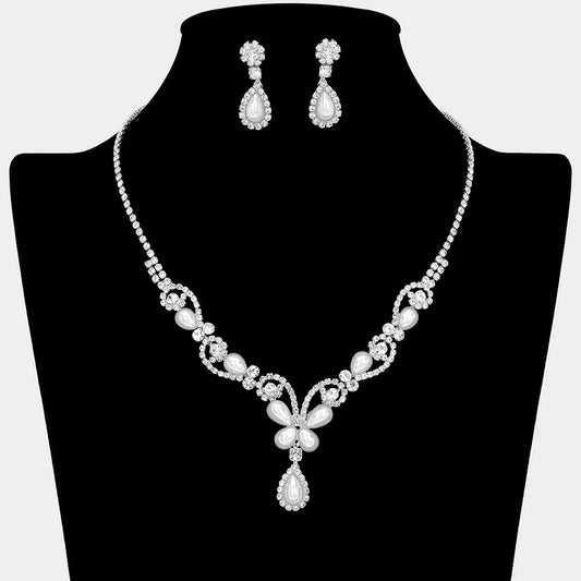 Teardrop Pearl Embellished Rhinestone Paved Necklace