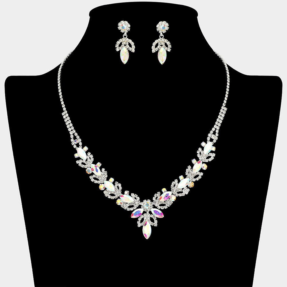 Marquise Stone Cluster Leaf Drop Rhinestone Paved Necklace