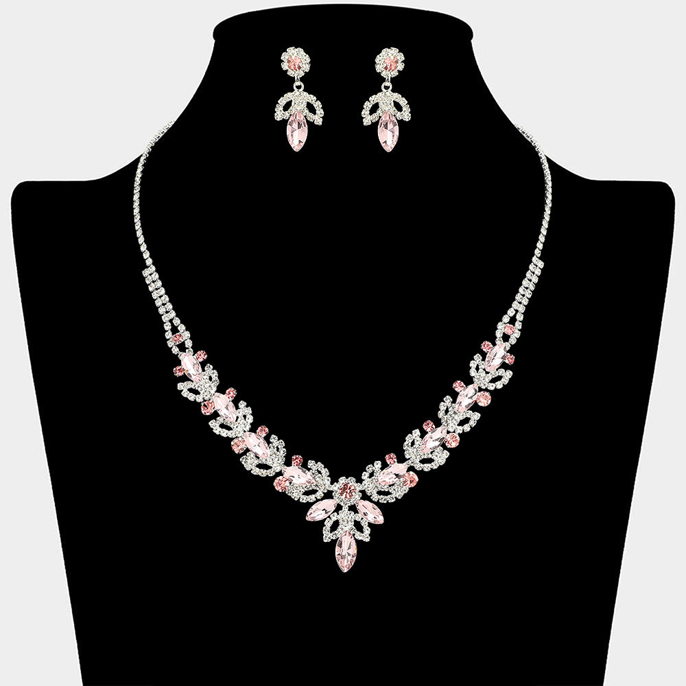 Marquise Stone Cluster Leaf Drop Rhinestone Paved Necklace