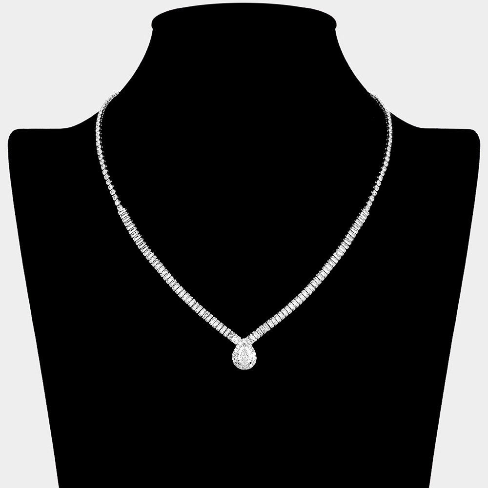 Teardrop CZ Stone Pendant Accent Baguette Stone Cluster Rhinestone Paved Necklace