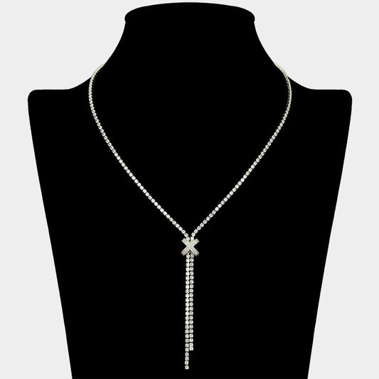 CZ Stone Paved X Charm Accent Y Shaped Necklace
