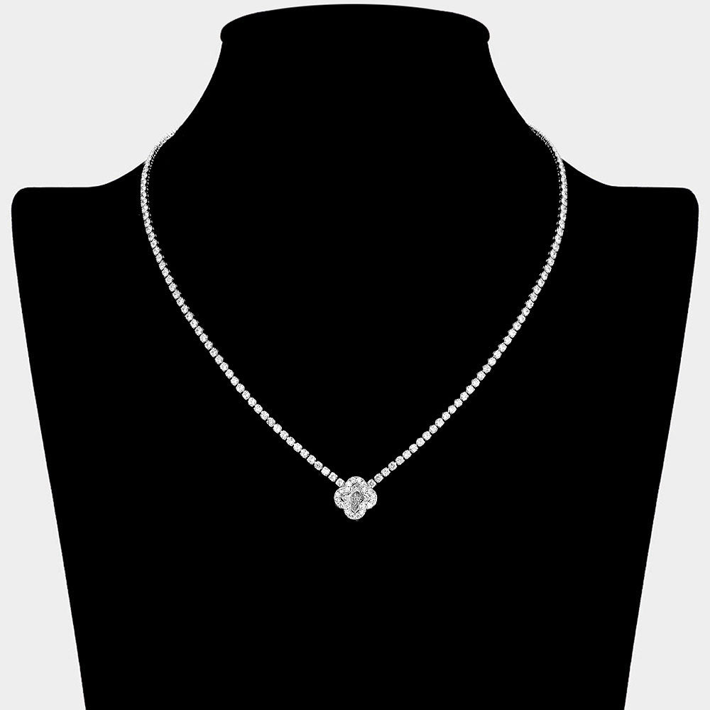 Quatrefoil CZ Stone Pendant Accent Rhinestone Paved Necklace