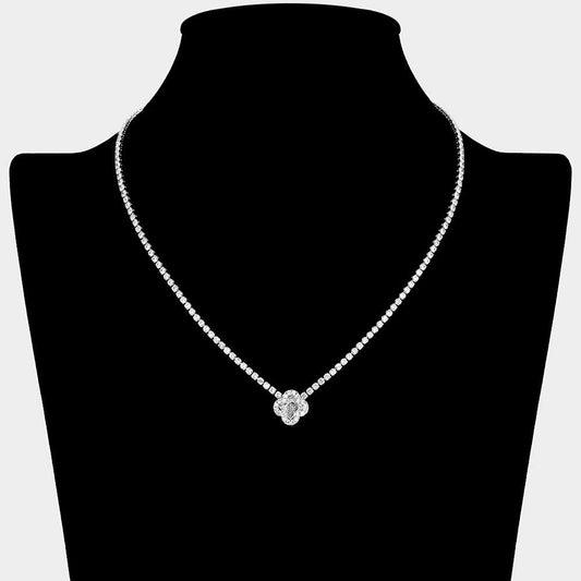 Quatrefoil CZ Stone Pendant Accent Rhinestone Paved Necklace