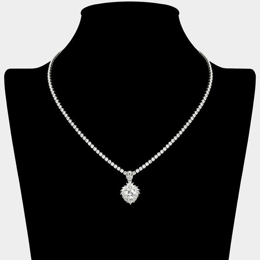 CZ Stone Heart Cluster Drop Pendant Accent Rhinestone Paved Necklace