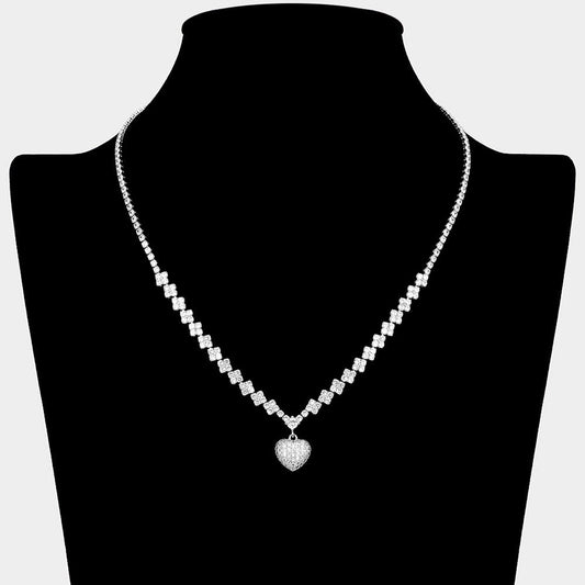 CZ Stone Paved Heart Pendant Accent Quatrefoil Link Chain Rhinestone Paved Necklace