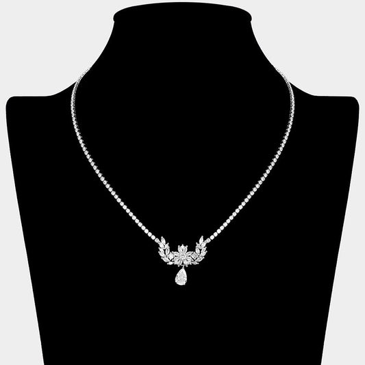 Floral Laurel CZ Stone Cluster Accent Teardrop Cluster Dangle Rhinestone Paved Necklace