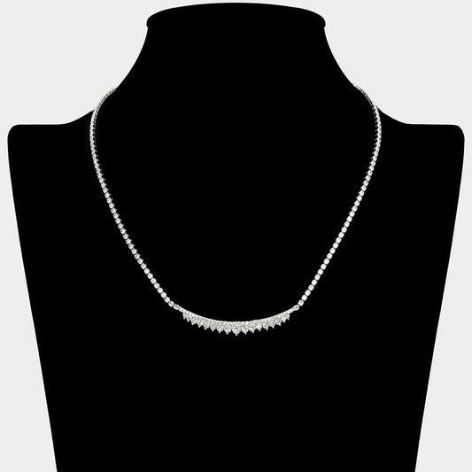 Round CZ Stone Cluster Bar Accent Rhinestone Paved Necklace