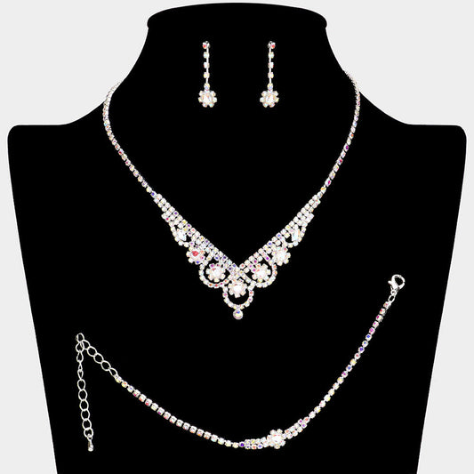 CZ Flower Pointed Rhinestone Paved Necklace Jewelry Set