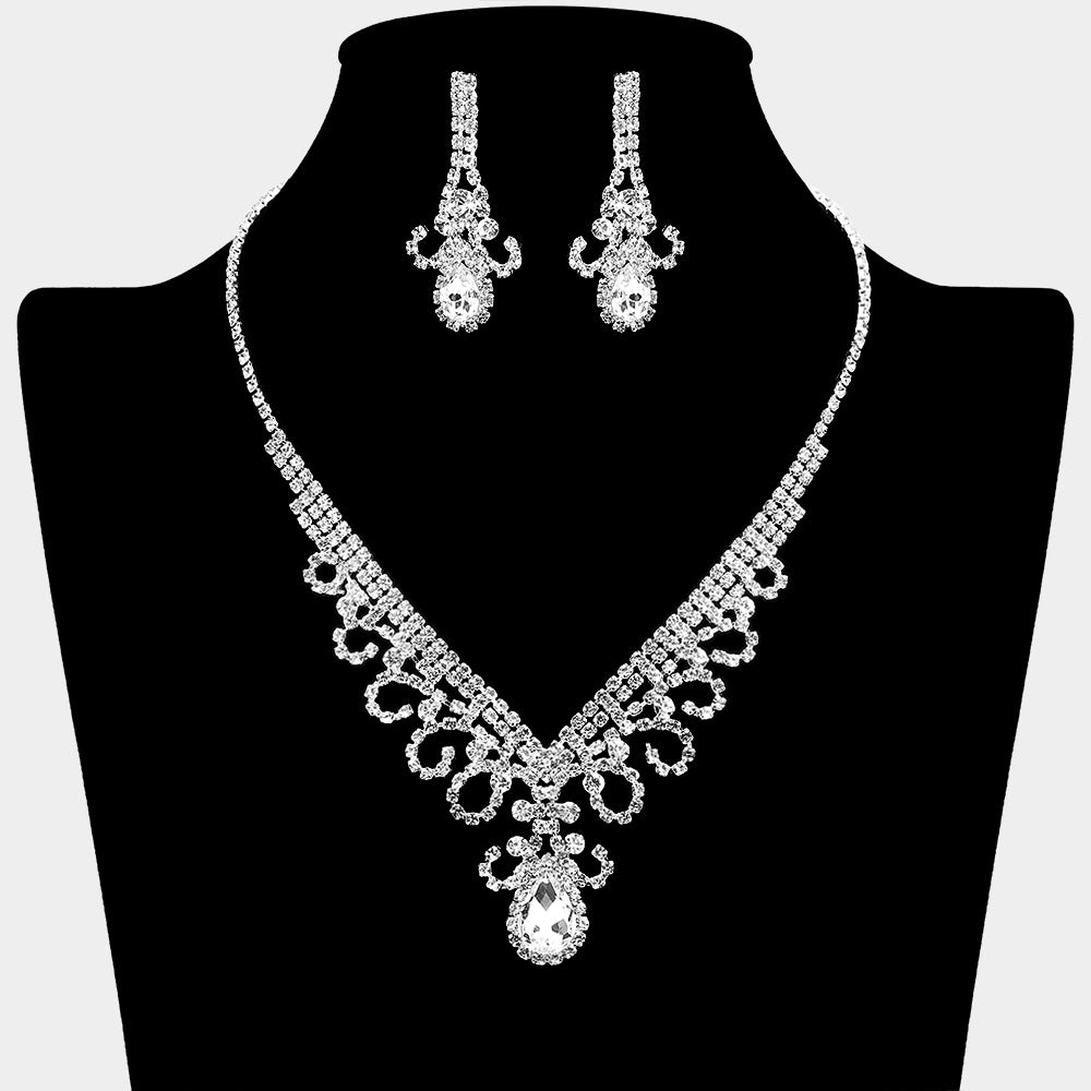 Teardrop Stone Accented Rhinestone Paved V Shaped Necklace